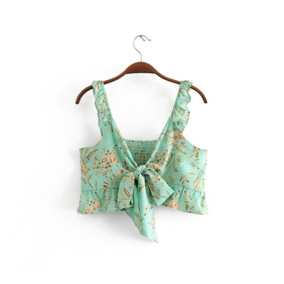 Boho floral Print Front tie Mint Crop Top gypsy - Picture 8 of 8